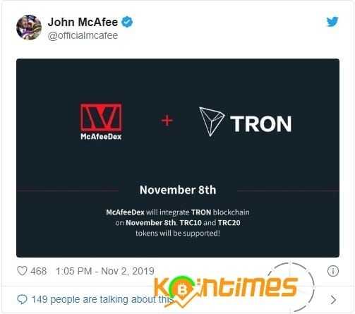 John McAfee, 8 Kasım'da Tron Blockchain'i McAfeeDEX ile Birleştirecek